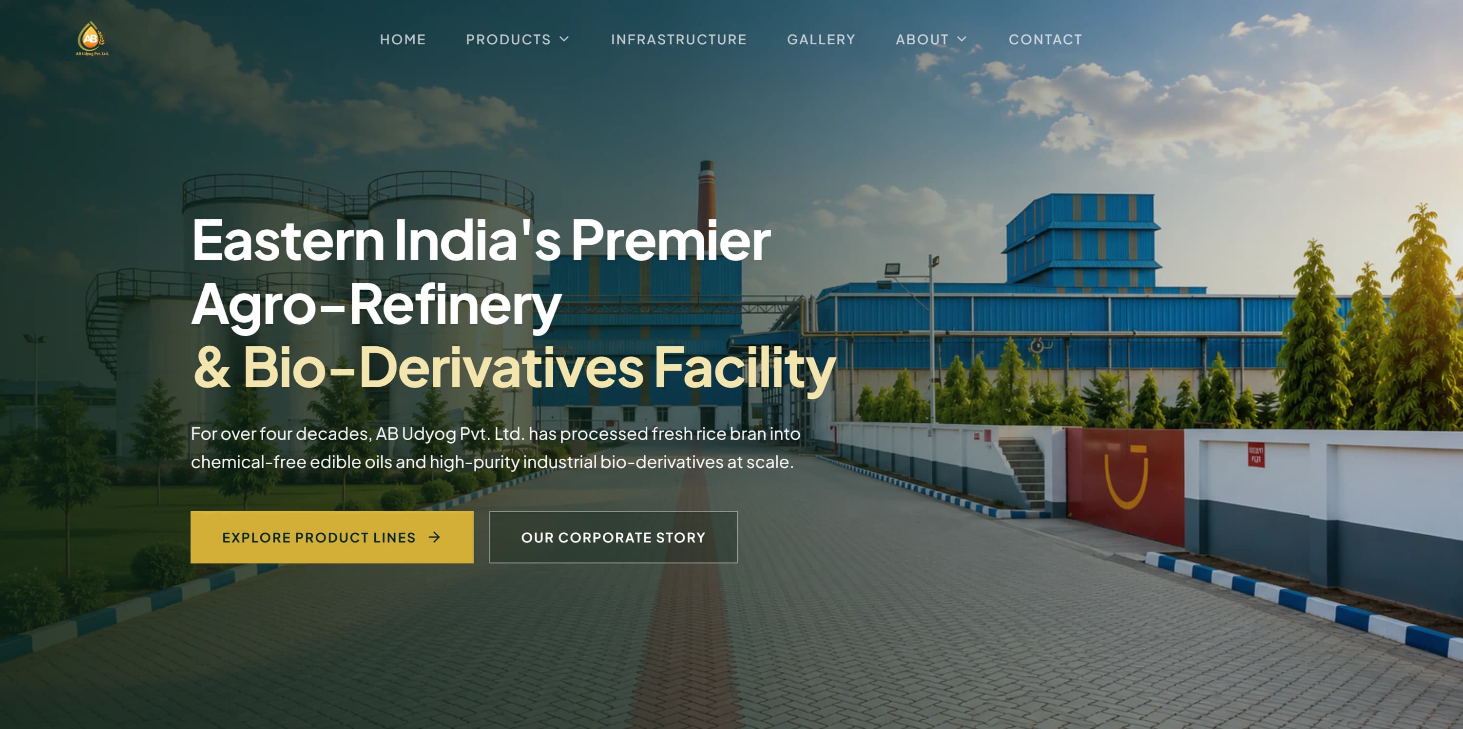AB Udyog — Corporate industrial platform for Eastern India's premier agro-refinery complex, showcasing 300 TPD continuous extraction, physical refining workflows, and bio-derivatives.