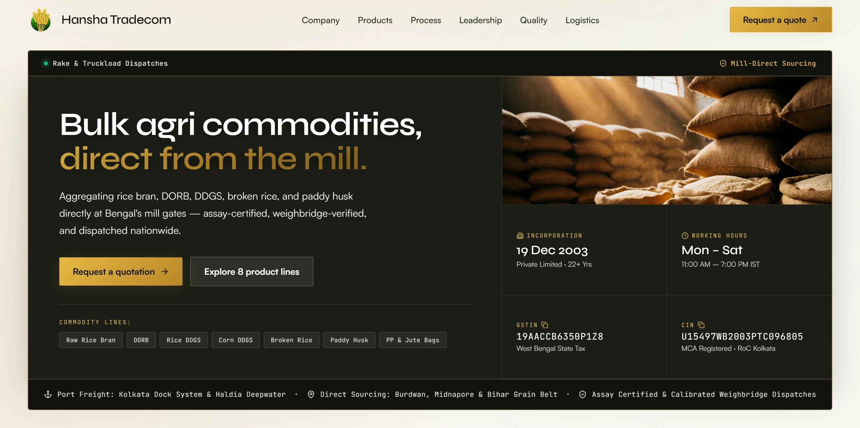 Hansha Tradecom — B2B agri-commodity trading platform aggregating rice bran, DORB, DDGS, and grain packaging directly from Bengal's mill gates with verified assay certification.