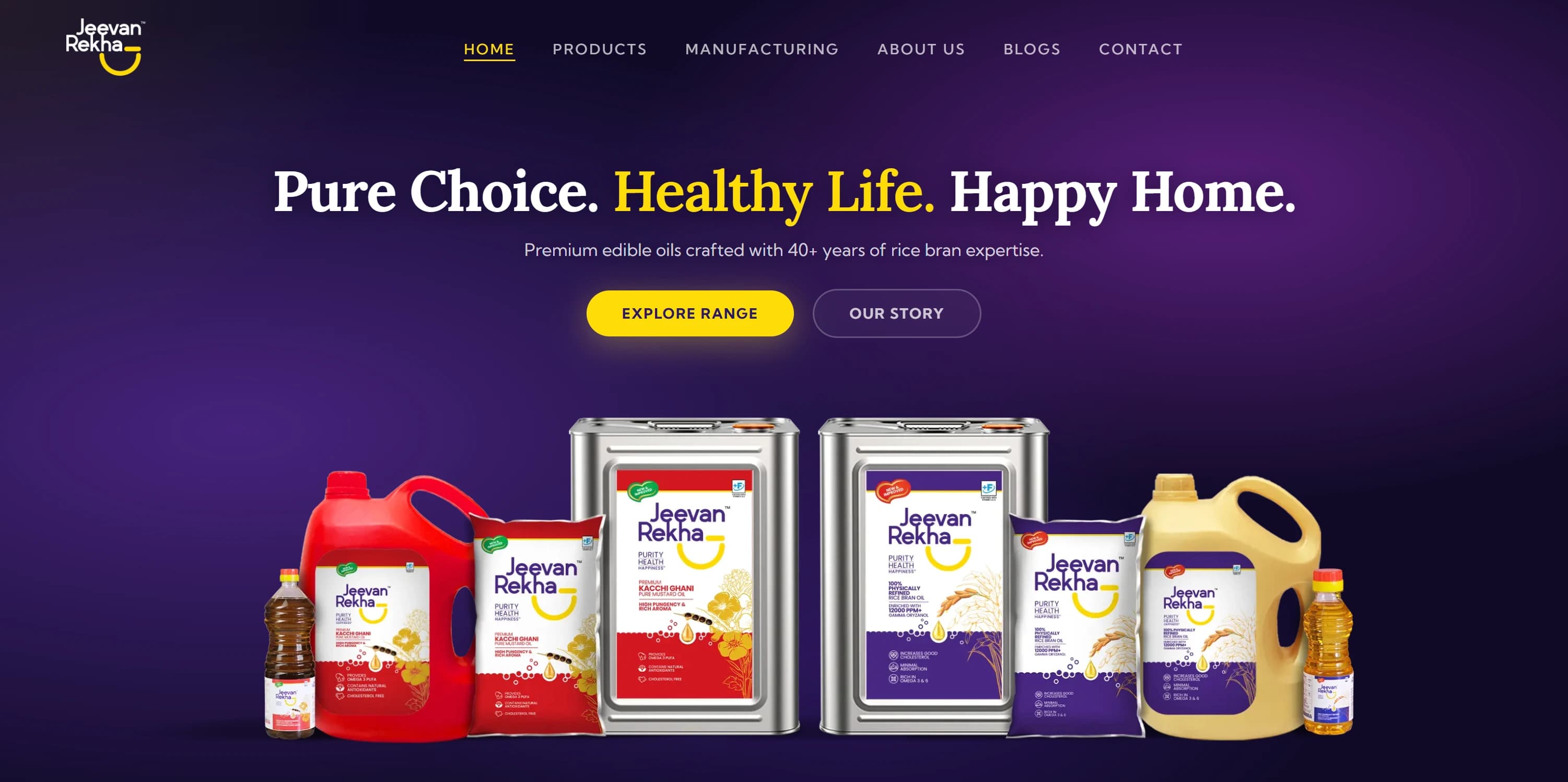 Jeevan Rekha — Digital brand platform crafted for AB Udyog's premium edible oils, featuring interactive product showcases, culinary pairing guides, and verified nutritional analysis.