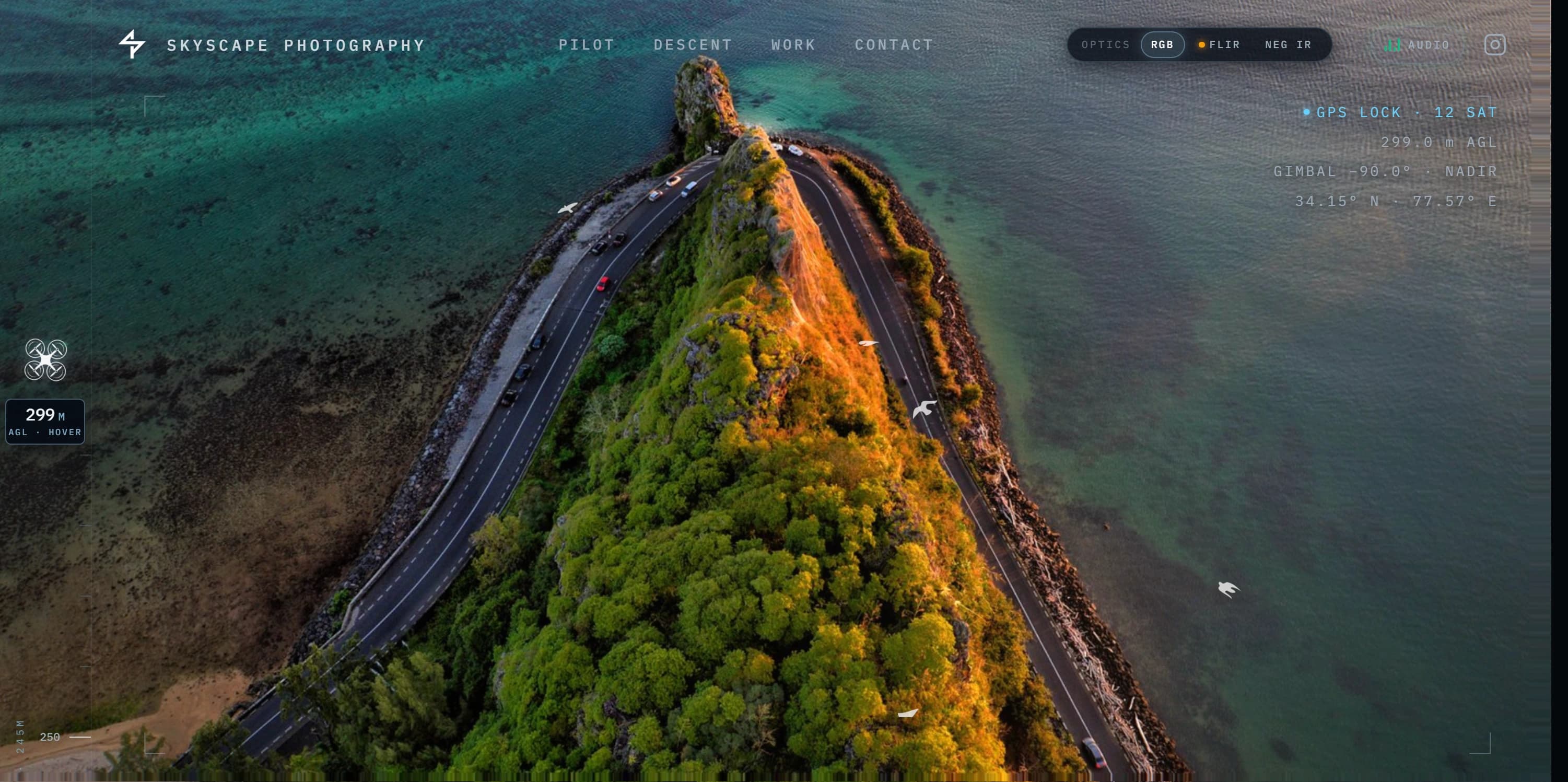 Skyscape Photography — Fine art aerial photography portfolio capturing the Earth's hidden geometries across India, featuring telemetric flight HUD logs and elevation-curated descent.