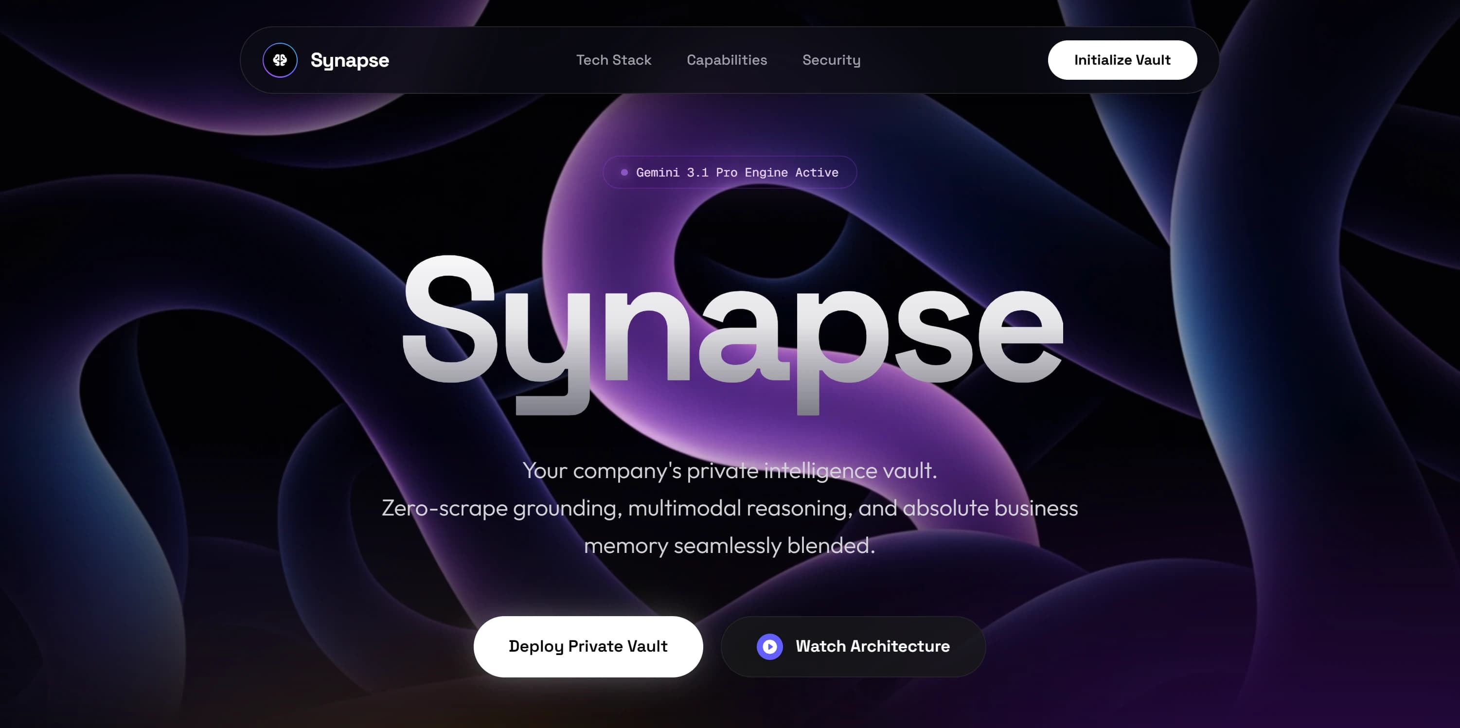 Synapse — Enterprise agentic vault featuring zero-scrape grounding, multimodal reasoning across 1M+ context windows, and private tenant-isolated business memory.