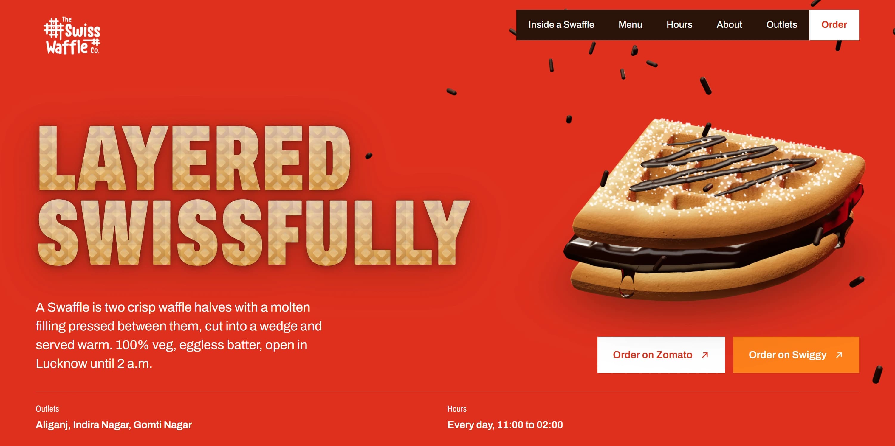 The Swiss Waffle Co. — Layered dessert web experience crafted for Lucknow's late-night waffle brand, featuring interactive 3D WebGL waffle layers, real-time hours dial, and rich menu showcase.